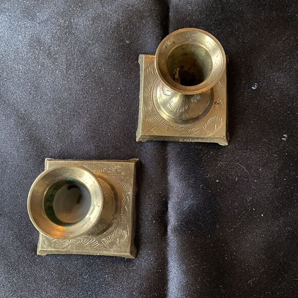 Vintage Mid Century Etched Tapered Candle Holder Set Of 2. Solid Brass. India. - Picture 7 of 7